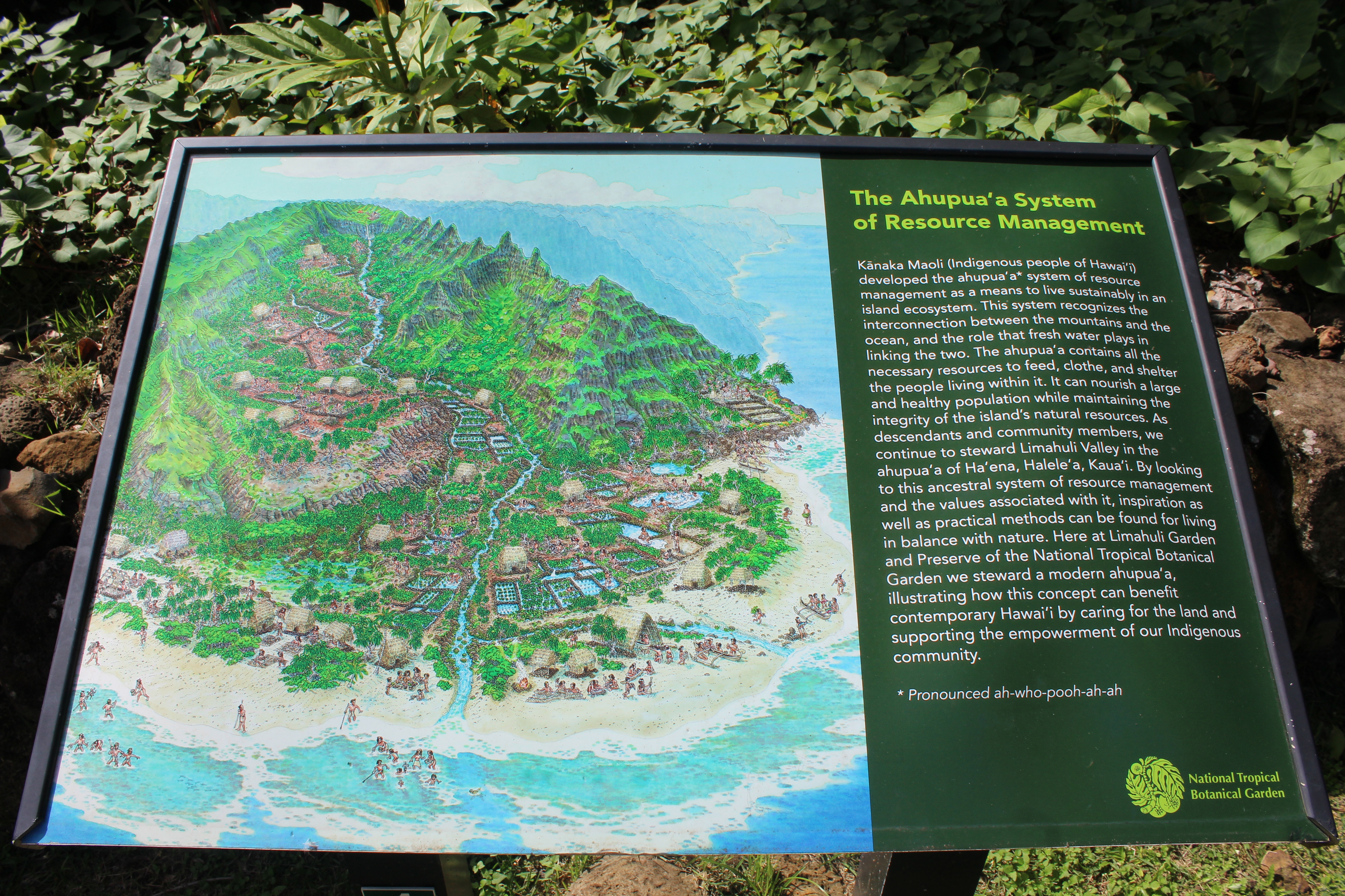 Informational signage about resource management at Limahuli Garden.